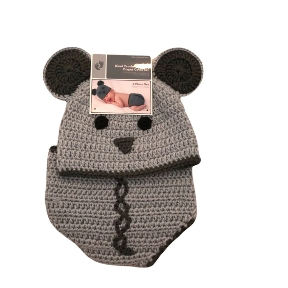 Baby Size 0-9 Months Hand Crocheted Hat & Diaper Cover Set Gray